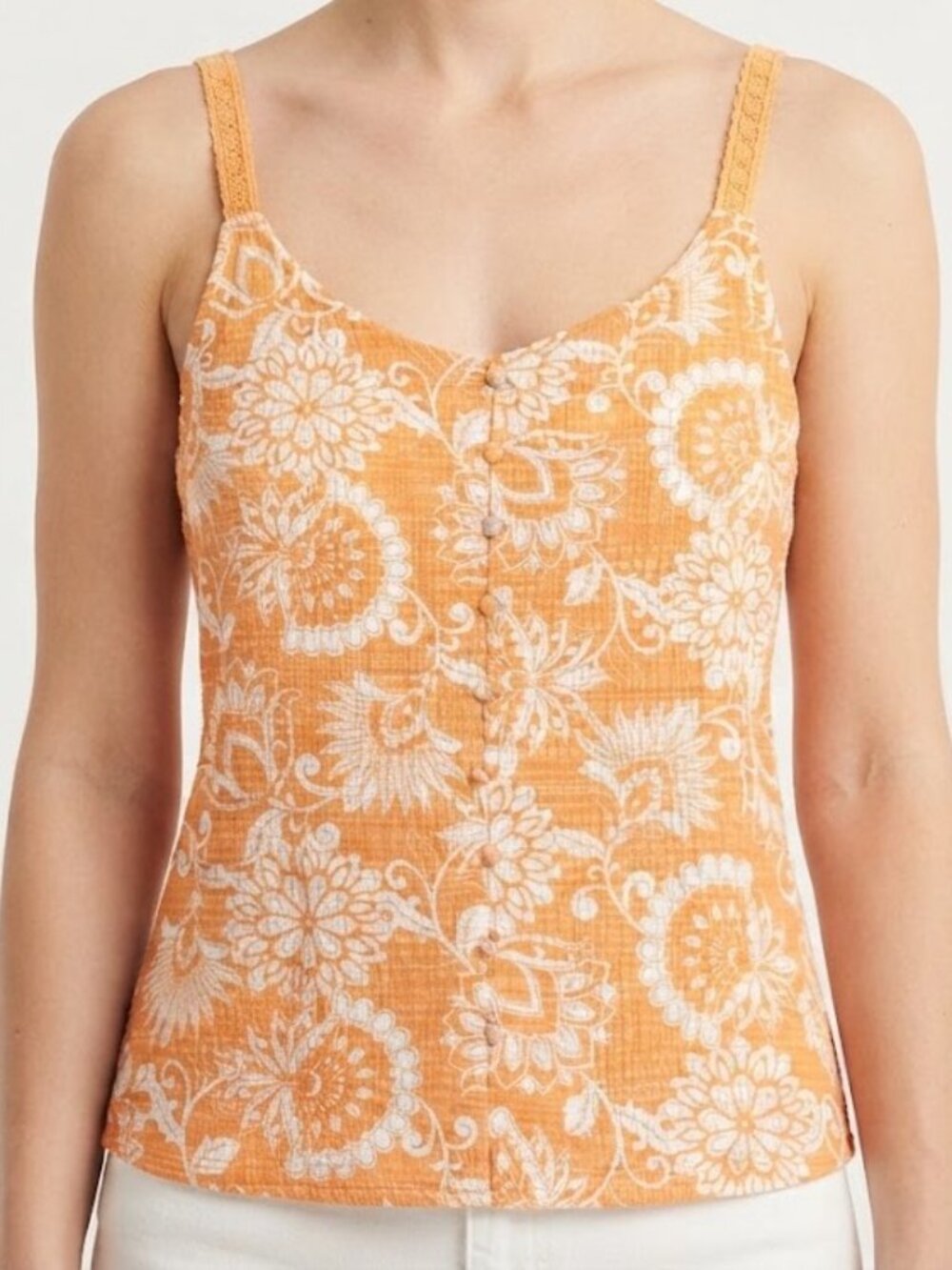 Orange and White Floral Button-Front Tank Top